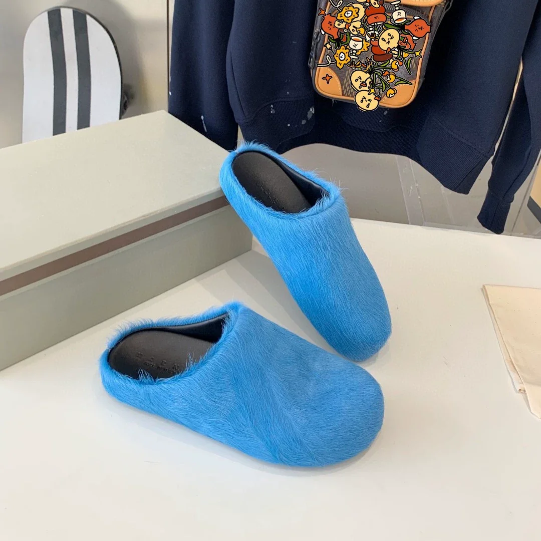 2023 new indoor real goat fur slides for women wholesale fuzzy plush fashion fur slippers
