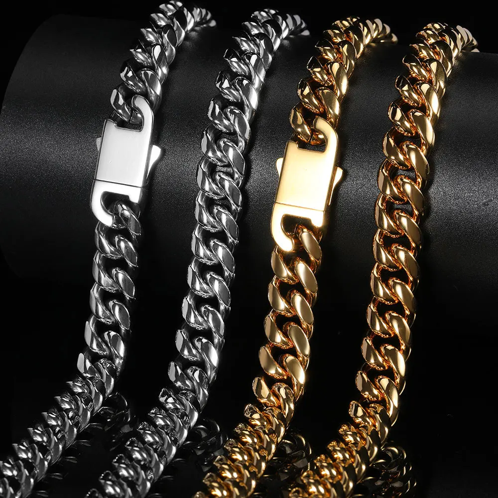 Hip Hop Custom Logo Stainless Steel PVD 18K Gold Plated Chunky Necklace  Miami Cuban Link Chain Bracelet Necklace For Men