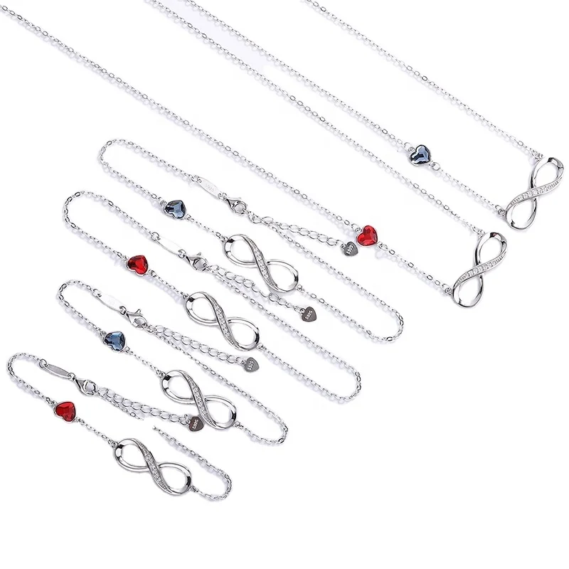 
Fashion red crystal jewelry 925 Sterling Silver unlimited bracelet necklace Anklet sterling silver jewelry set for women 