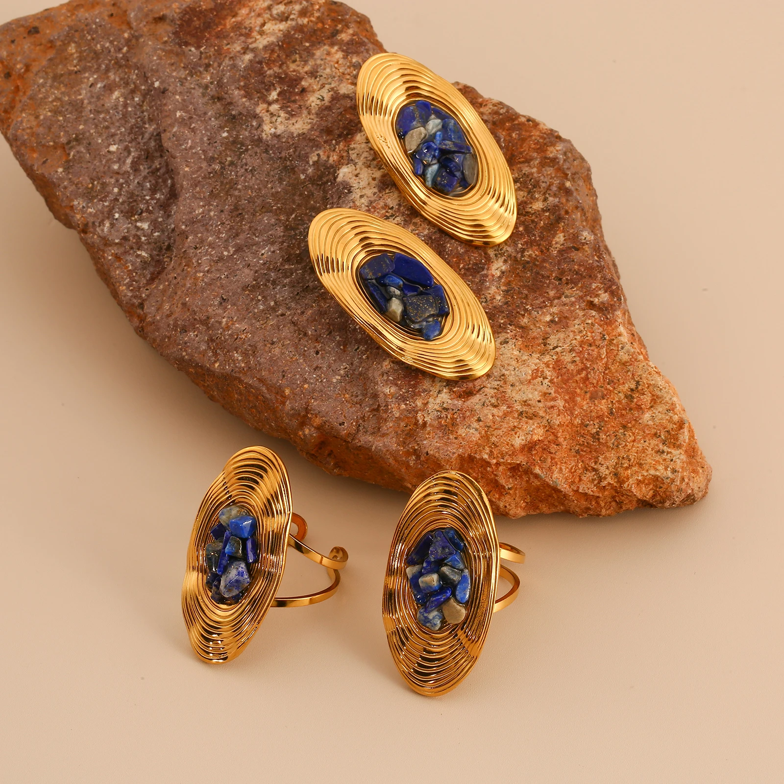 French Elegant Big Lapis lazuli Gemstone Ring Blue Natural Stone Gold Plated 18K Ring Waterproof Stainless Steel Jewelry