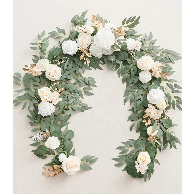 White Beige 6FT Artificial Eucalyptus Garland with Flower Wedding Centerpieces for Wedding Table Decor Wedding Arch Flowers