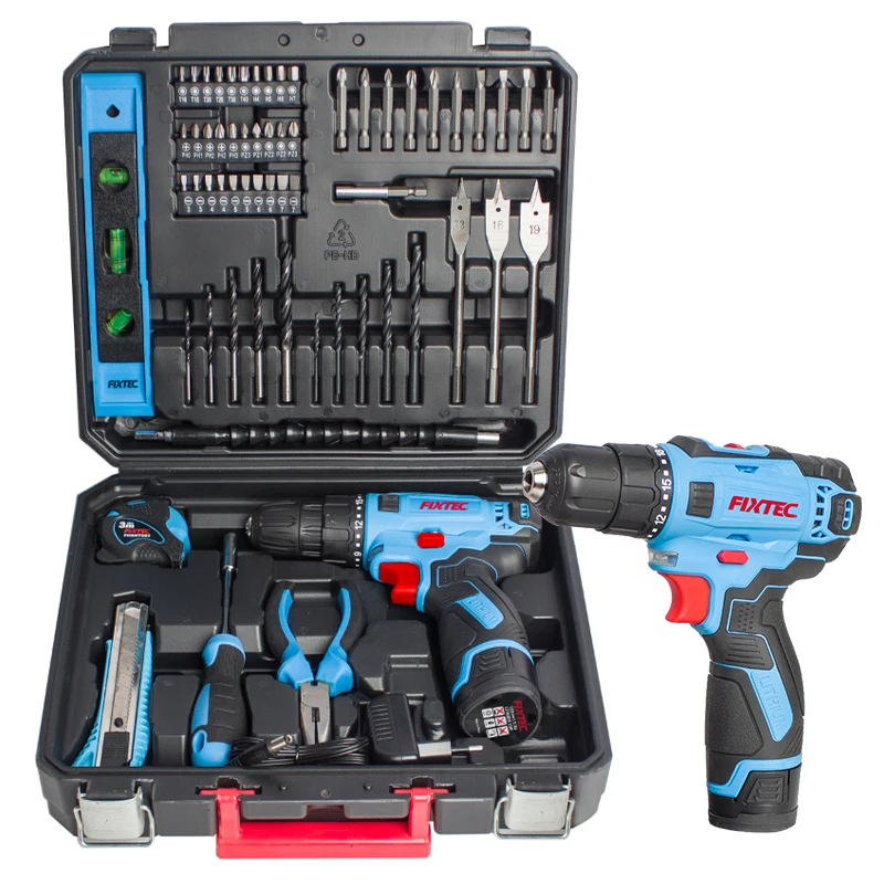 FIXTEC Cordless Drill Wireless Combo Kit 60pcs Accessories Battery Drilling Machine with Case