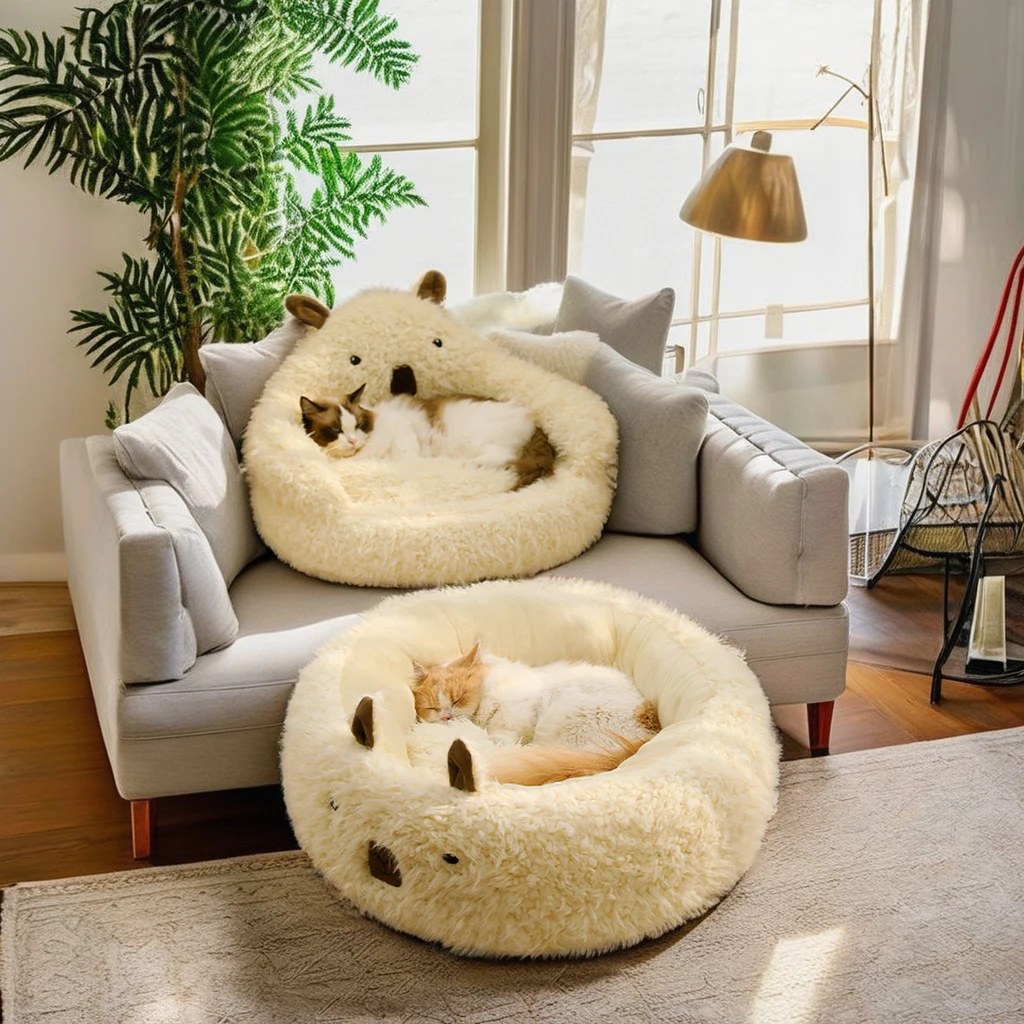 Funny Fuzzy Plush Dog Cat Pet Sofa Luxury Wood Single Kangaroo Beds Two Mattresses Breathable Small Bamboo Winter Warm Bed Box