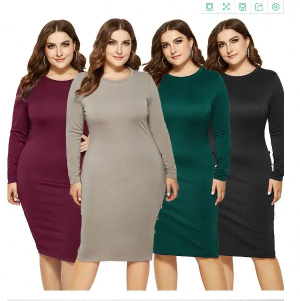Plus Size Xl 2x5XL Women Autumn Work Office Business Solid Pencil Dress Casual Side Slit Buttom Patchwork Sheath Bodycon Dress