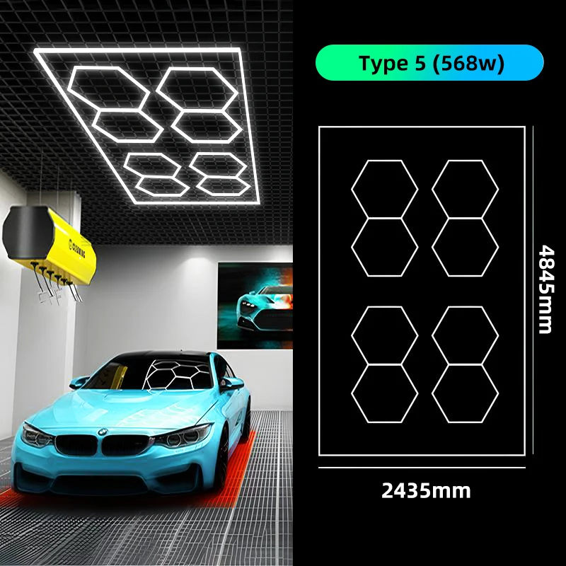 Car workshop led lights auto detailing hanging connectors for hexagon shape grid systems shop office club honeycomb wall light