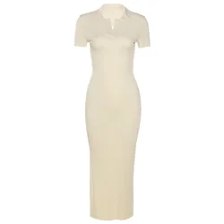 Nibber K21D02583 Plain Backless Short Sleeve Knitting Maxi Long Dress Casual Bodycon Dress Women