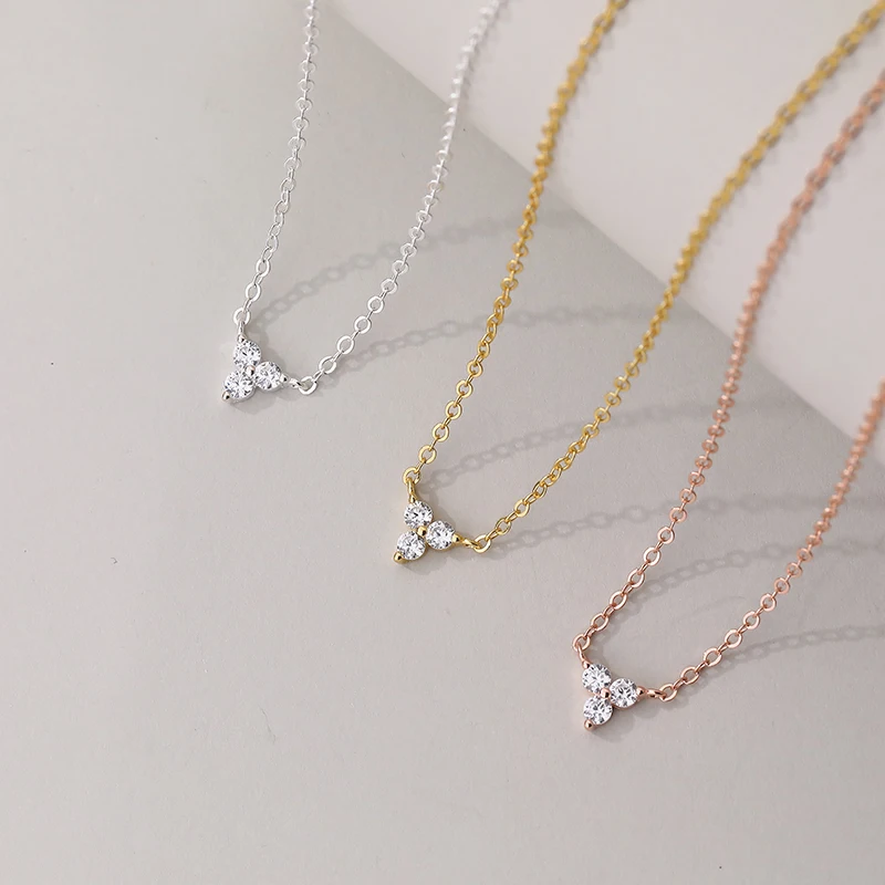 Dainty Wholesale 925 Sterling Silver Fine Jewelry 18K Gold Plated 3 Zircon Stone Triangle Shape Pendant Necklace