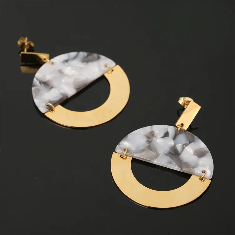 Fan Shape Acetate Part High Polished Stainless Steel Statement Earrings for Women and girls 18K Real Gold Plate