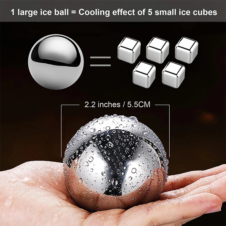 Factory Wholesale reusable chilling whiskey Ball stainless steel 304 ice cube Ball rocks with tongs for cola wine drinks