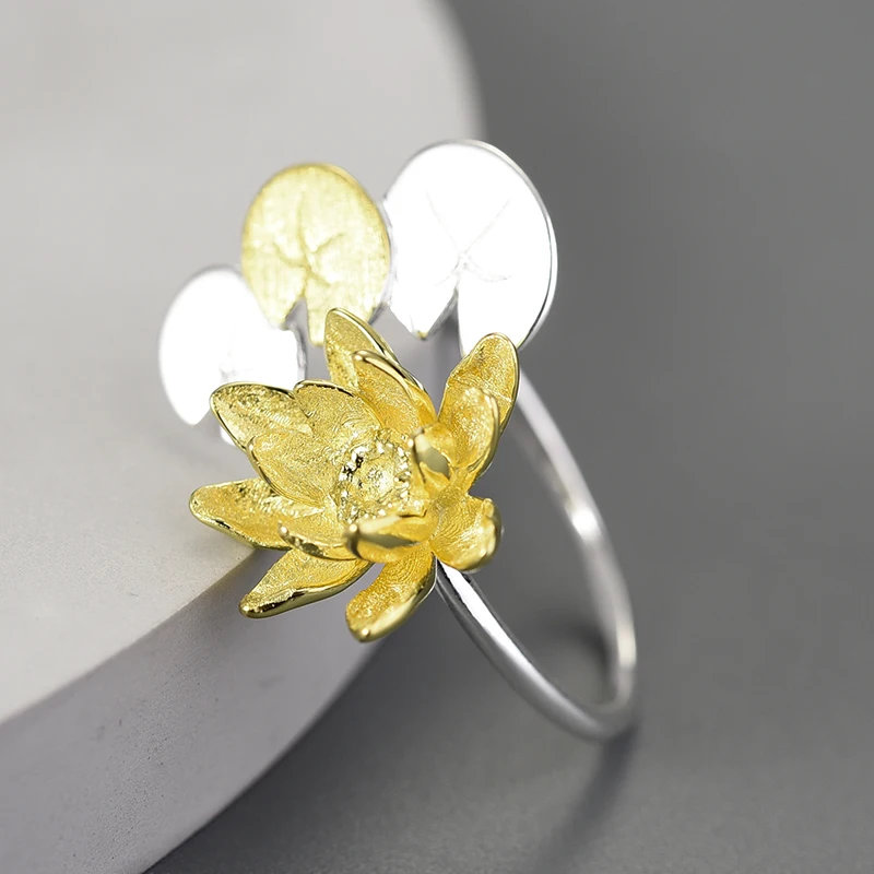 Trendy Jewelry 2023 Gold Plated Water Lily Flower Adjustable Rings Sterling Silver For Women