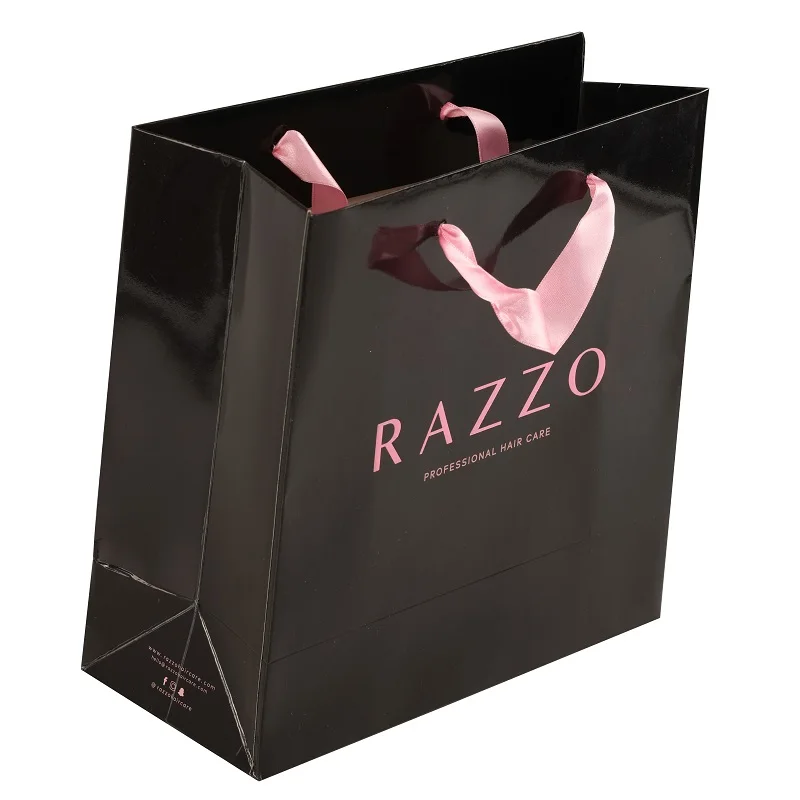 
Hot sale luxury white foil logo printing shopping paper bag with black grosgrain ribbon 