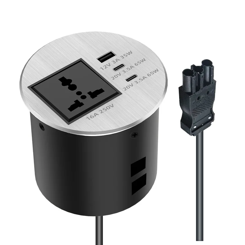 Spongde Office Furniture Embedded 65W High Power Usb Desktop Socket 1AC Power Socket With Round Aluminum Alloy Socket