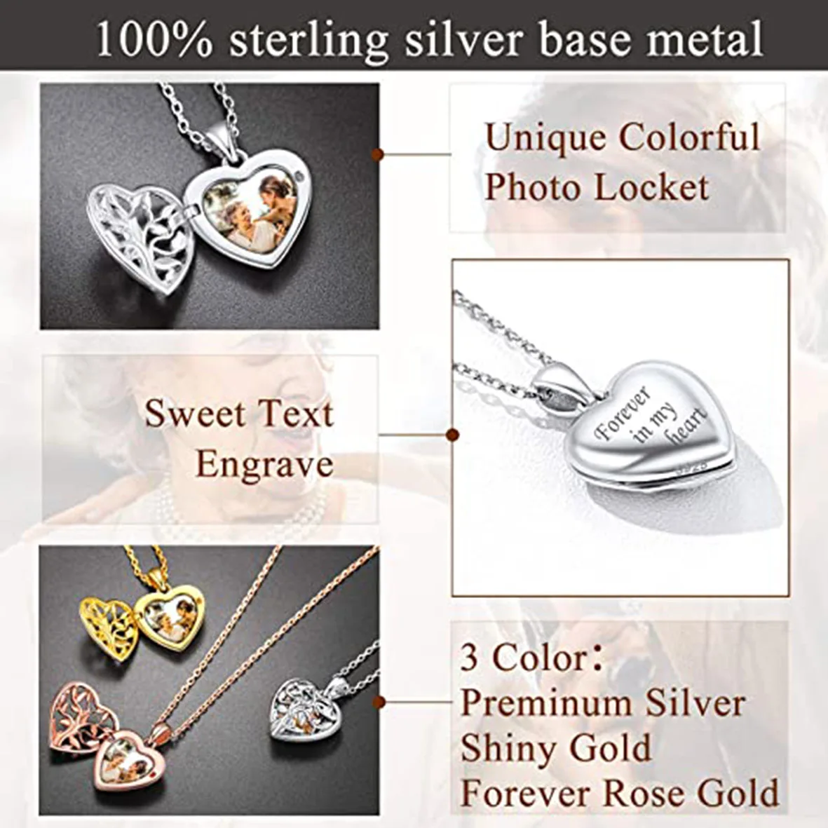 Photo Locket Pendant 925 Sterling Silver Tree  life Heart Necklace