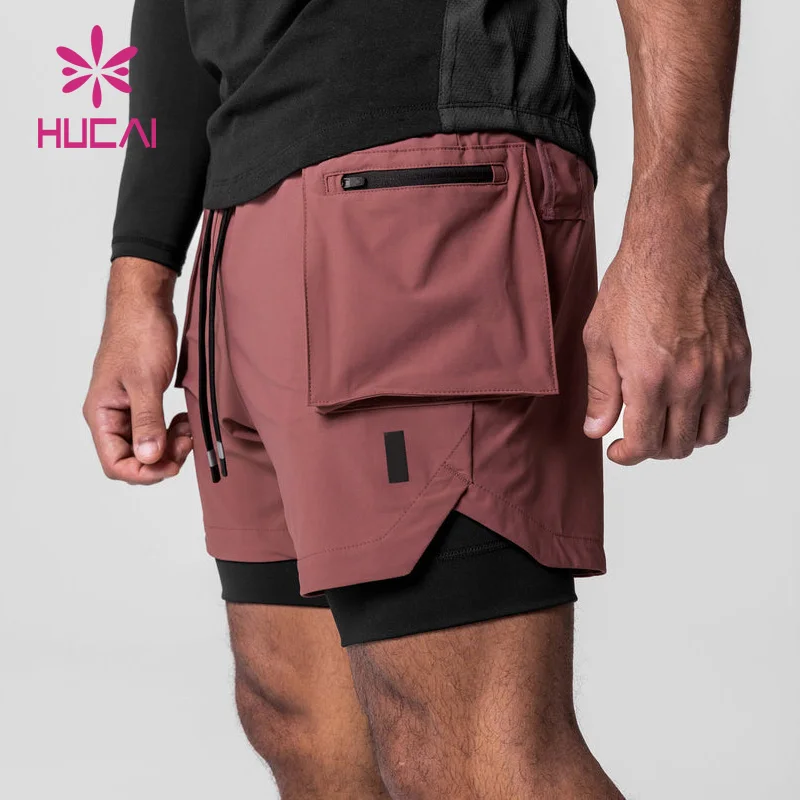 OEM Lined Double Layer Athletic wear Mesh nylon cargo pockets custom logo workout 2 In 1 mens running sports shorts