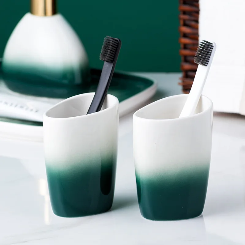 6Pcs Luxury Nordic Green White Ceramic Tray Lotion Pump Bottle Soap Dish Toothbrush Holder Tumbler Bathroom Accessories Set
