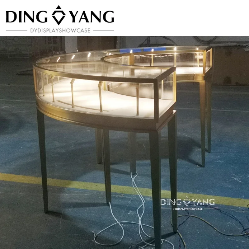 Factory Custom Made Luxury Hairline Golden Jewellery Display Showcase,Luxury Jewellery Showcase For Sale