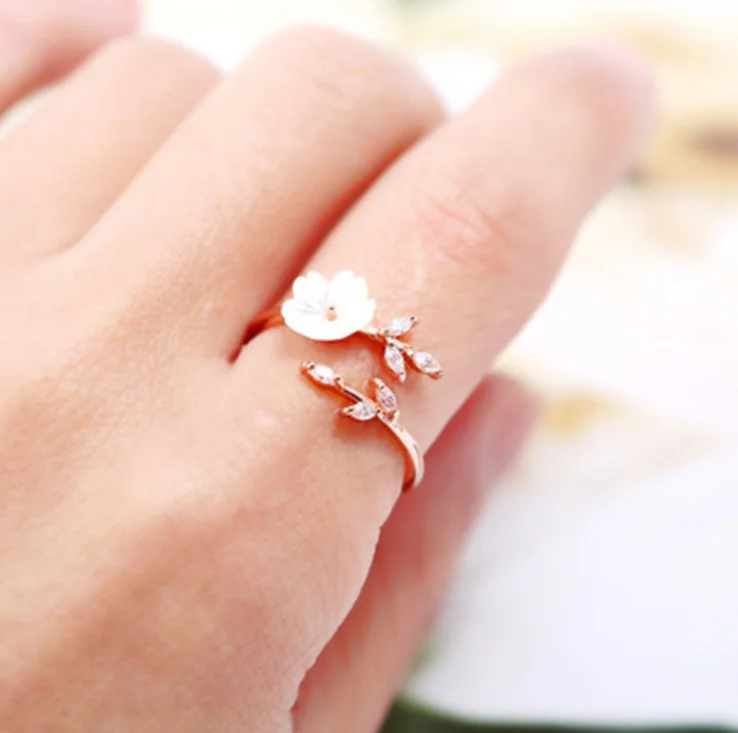 Ladies Rose Gold Color Bague Fleur Delicate Zircon Crystal Shell Flower Leaf Rings For Women Girls