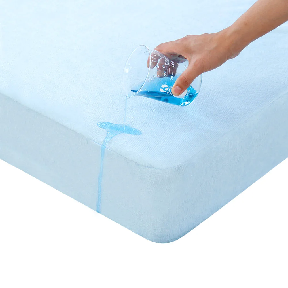 Waterproof Mattress Protector Cover Blue Color Terry Fabric Laminated with 0.02mm Pu Bedroom PE Bag Star 40 Adults Plain Knitted