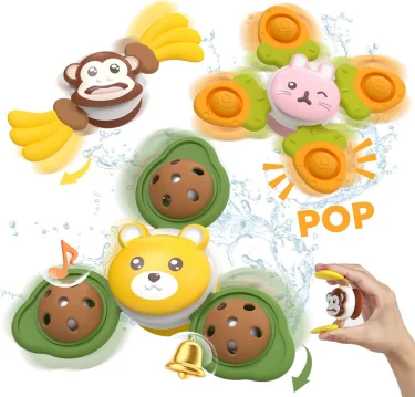 3 in 1 Pacifier grade silicone rattle teether fingertip sensory suction cup fidget spinner baby bath toy learning education toy