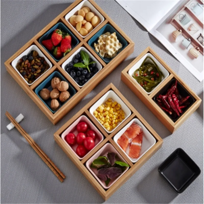 
Dried fruit, fruit and vegetable platter of bamboo and wood 