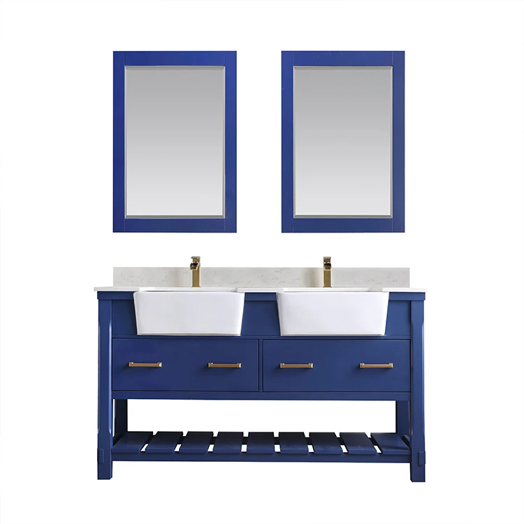 hot sale American Style classic custom waterproof  60 inch Blue Double Vanity  Wood Bathroom Vanities with Mirror cabinet