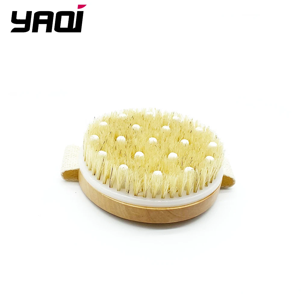 YAQI Round Wooden Scrub Bath Massage Silicone shower Brush dry body brush with Boar Bristles