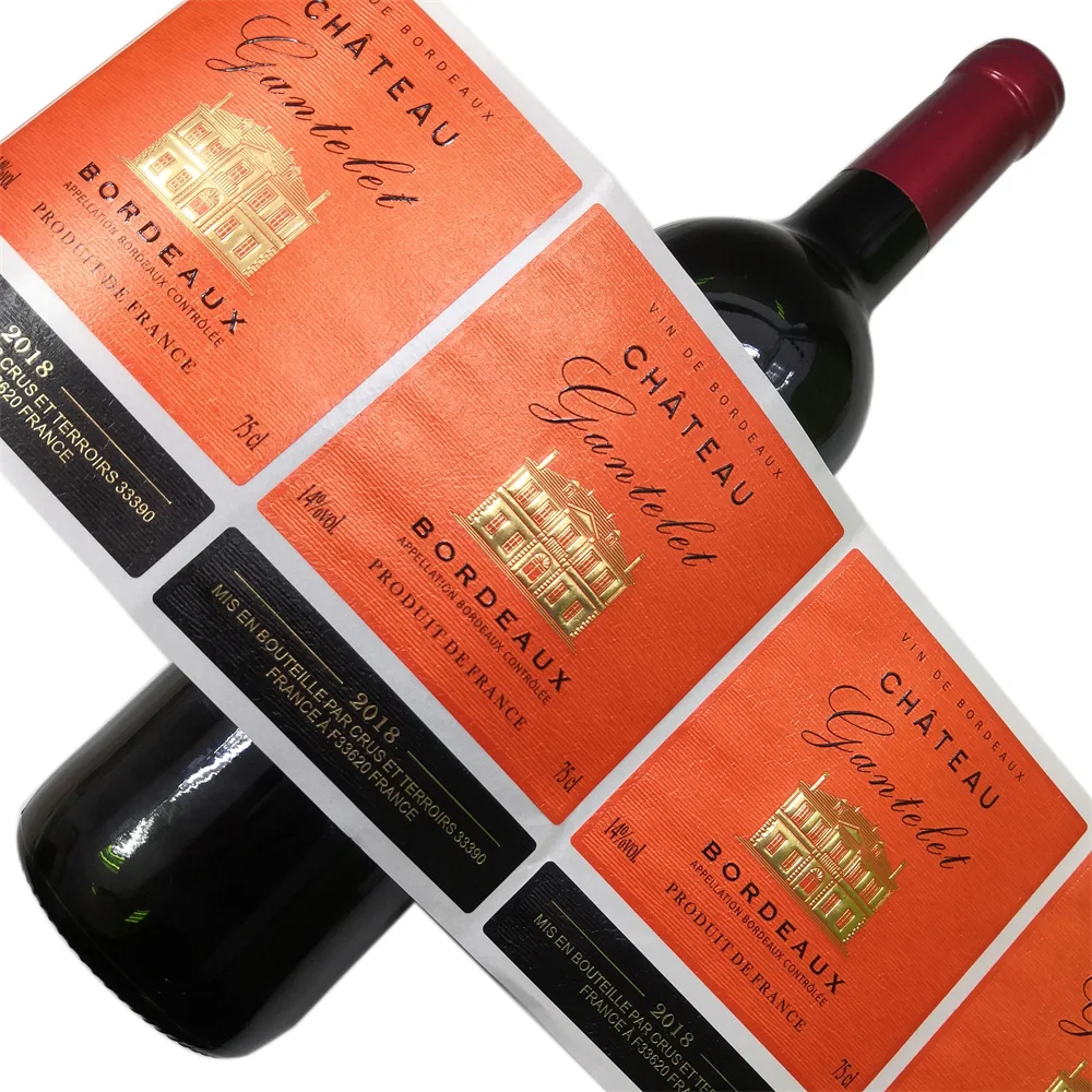 Custom Printing Uv Spot Gold Foil Embossed Premium Textured Paper Red Wine Packaging Label Personalize Wine Bottles Labels