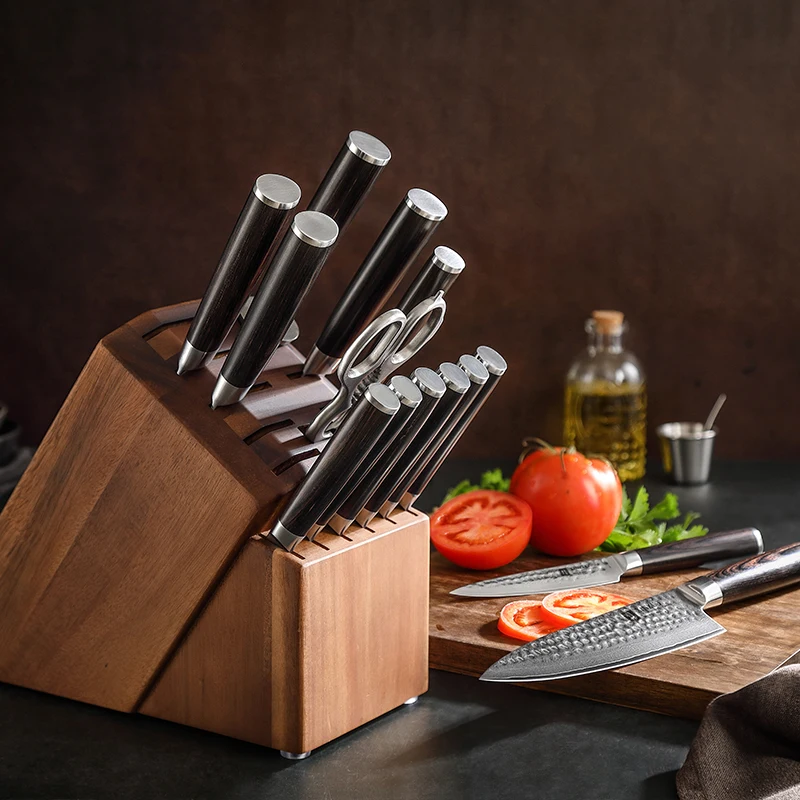XINZUO Professional Kitchen 15 pcs Knife Sets Japanese Style Damascus Steel Pakka Wood Handle Knives with Wooden Block