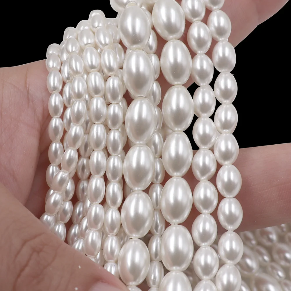 HX factory four different size rice shape white pearl 3/4/6/8 mm glass pearl beads for making pearl iphone chain