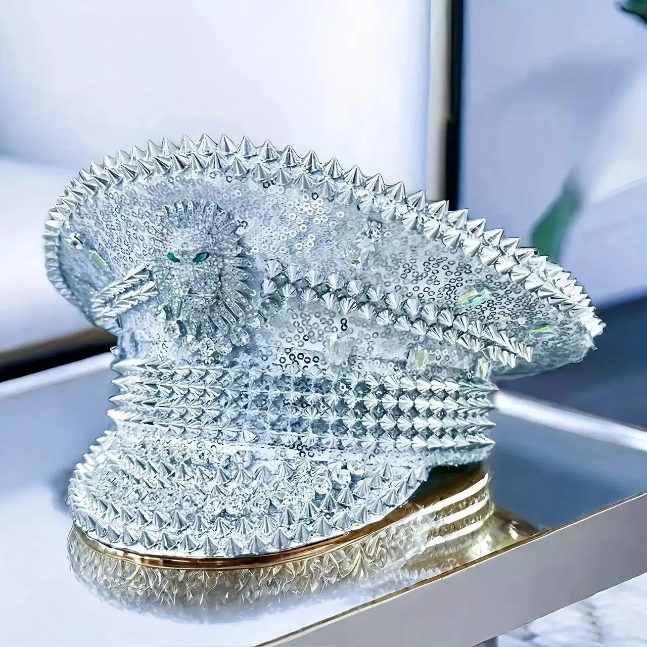 Lion Head Carnival Crazy Party Hat Bridal Navy a Silver with Silver Polyester Fiber Studded Punk Sequin Plush Unisex Adults