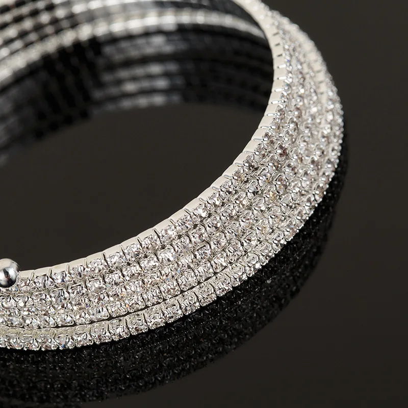 Hot Sale Delicate Jewelry Metal Wire Flexible 5 Rows Crystal Rhinestone Chain Silver Plated Bangles