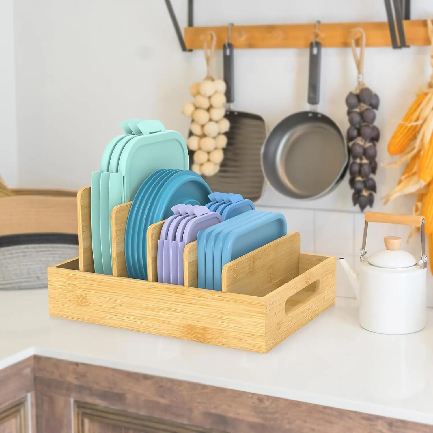 wholesale adjustable bamboo pot lid holder kitchen pot lid organizer rack for Cabinet & Drawer