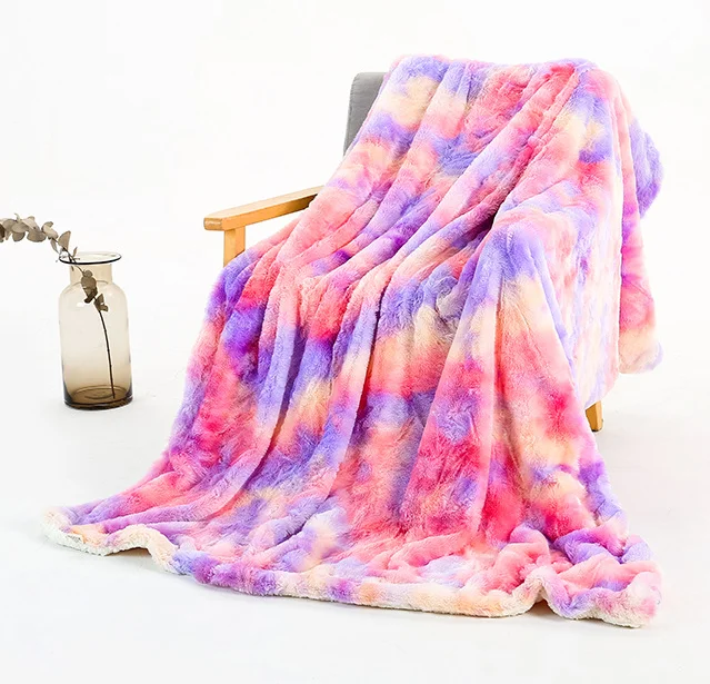 100% Polyester Fluffy Plush Mink Cashmere Pompoms Fleece New Kids Nap Rainbow Tie Dyeing Quilt Blanket -