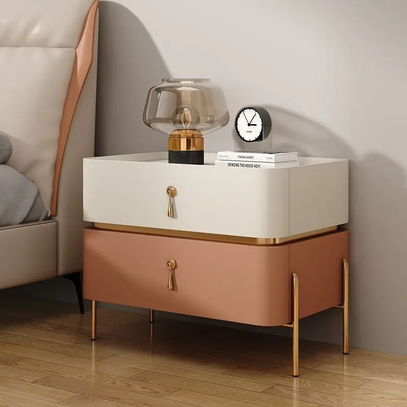 Italian Luxury Gold Metal Frame Durable Leather Beside Table Furniture Night Stand For Bedroom