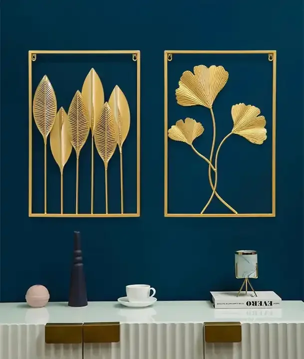 Gold Metal Wall Art Rectangle Living Room Wall Home Decor 3 Panels Leaf Metal Wall Art