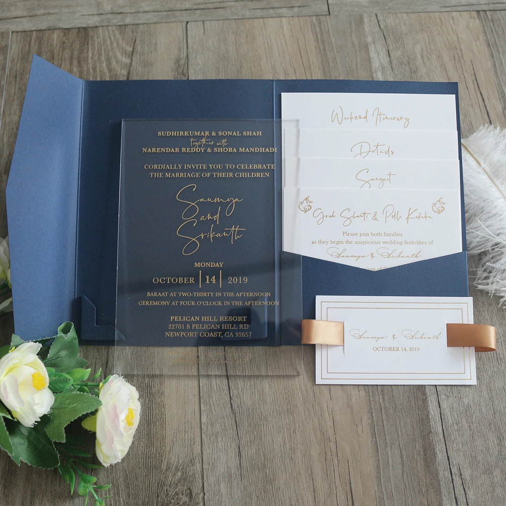Navy Blue Pocket Folder Wedding Invitation Pocketfolder Envelope Inside with Acrylic Wedding Card And Small Cards