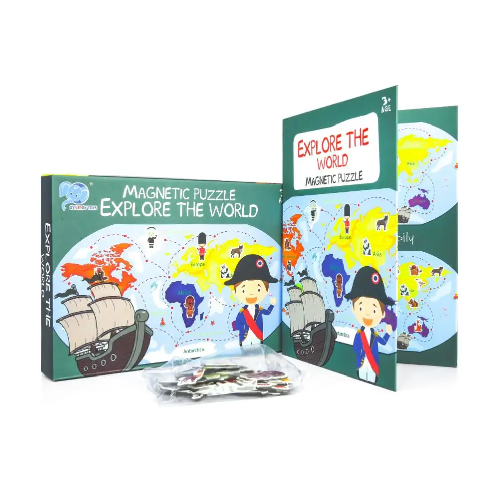 Low moq folding wild animals world map magnetic puzzle book kids