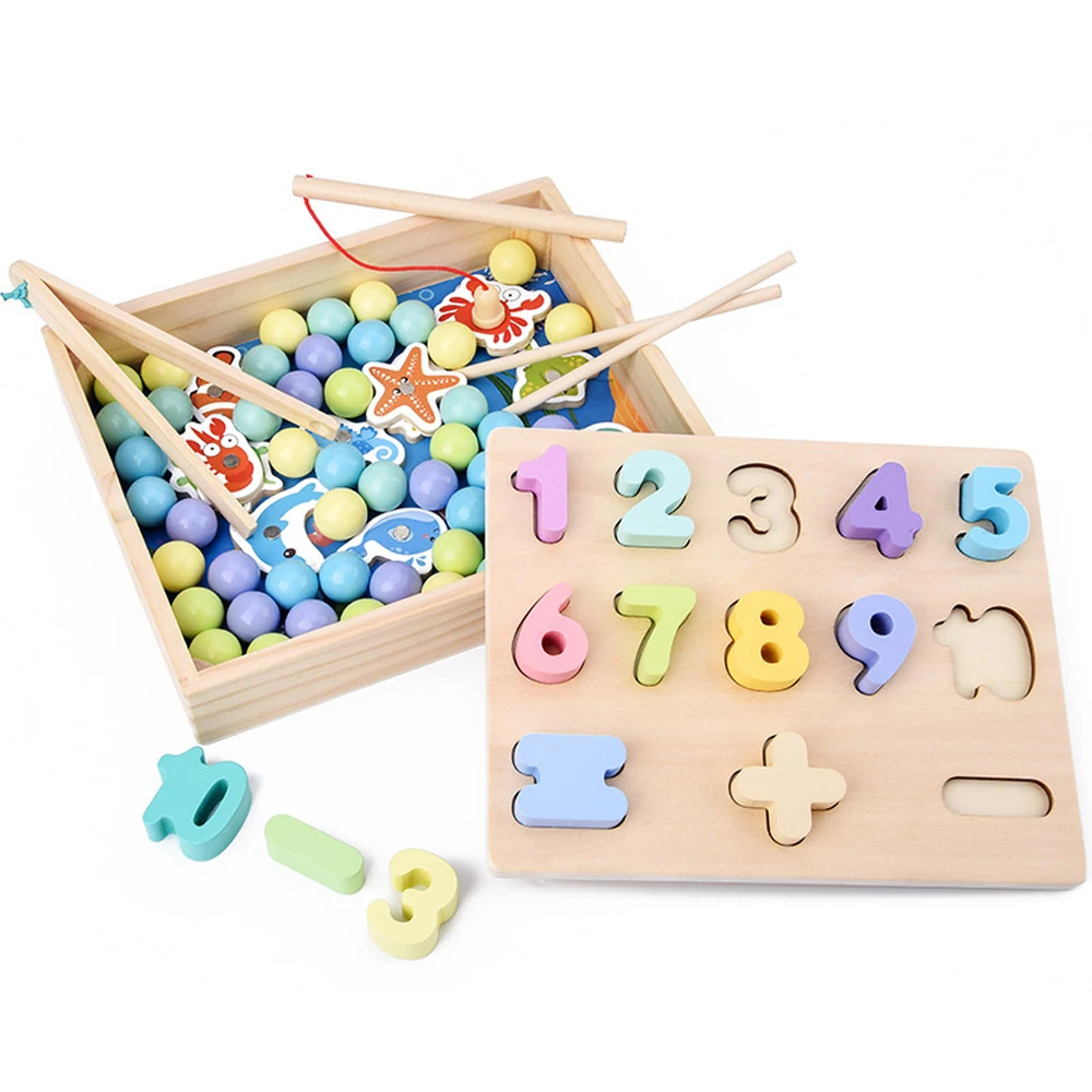 Kids Wooden Educational Toys 3 in 1 Magnetic Fishing Number Toy Multifunction Fish Game Learning Toys For Baby