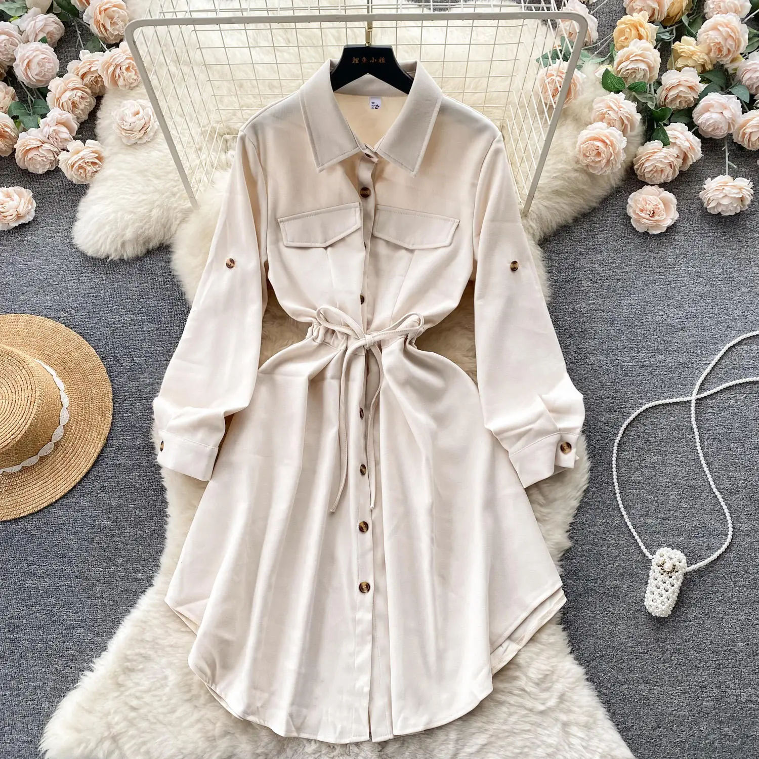 Autumn Vintage Asymmetric Tunic Slim Shirt Turn-Down Collar Midi Dress With Long Sleeves Empire Lace Dresses For Women