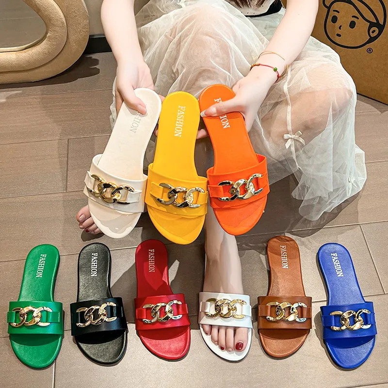 new fashion metal buckle large size women flat non-slip open toe slipper slides pvc sandals metal chain women sandals