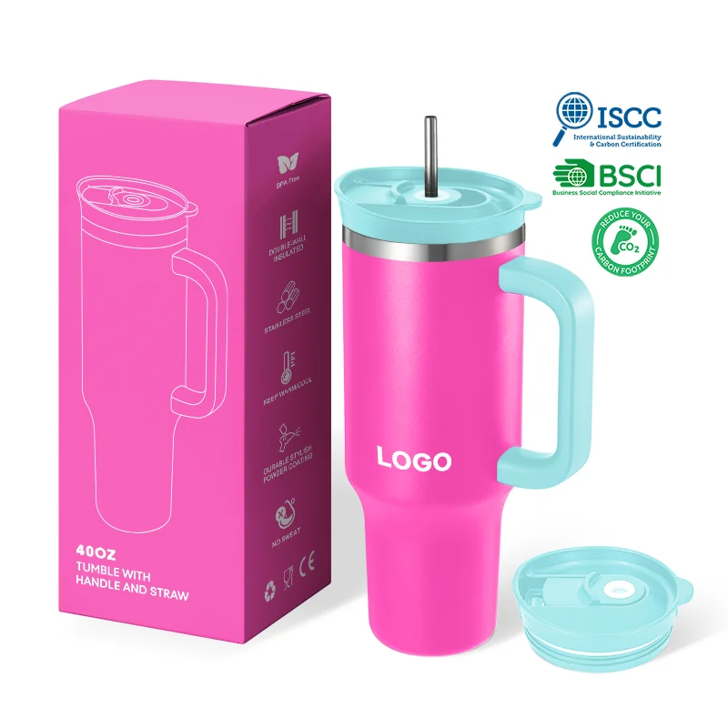 Cup Holder Friendly 40oz Tumbler Double Wall Insulated Travel Mug 40oz Stainless Steel Vacuum Travel Tumbler with Handle Straw