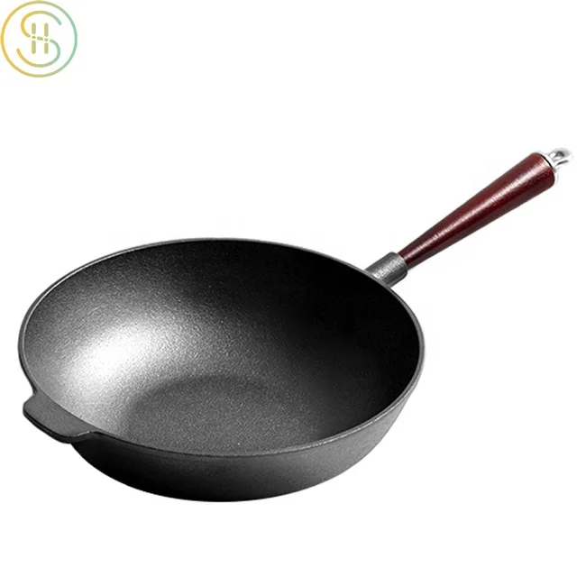 OEM factory Chinese traditional 31cm wooden handle cast iron wok pan for kitchen home cooking