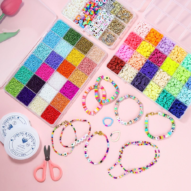 Hot Sale 6mm Polymer Clay Beads Bracelet Kit Diy Handmade Clay Charms Clay Fruit Beads Flat Beads With Scissors For Girls