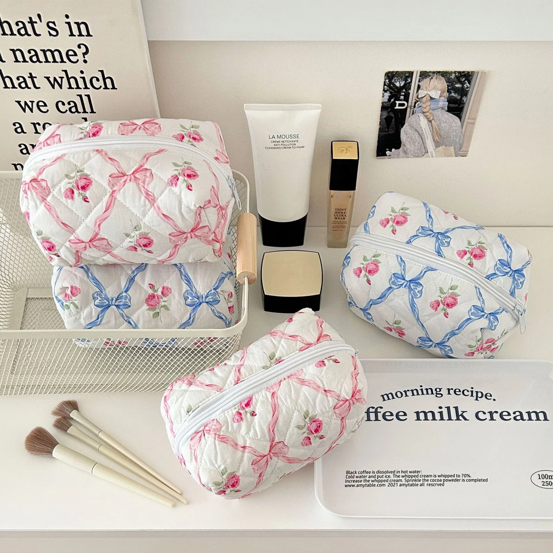 Handmade Quilted Bow Makeup Bag 3PCS Set Pink Gingham Zipper Toiletry Bag Custom Cute Cosmetic Bag Set for Women