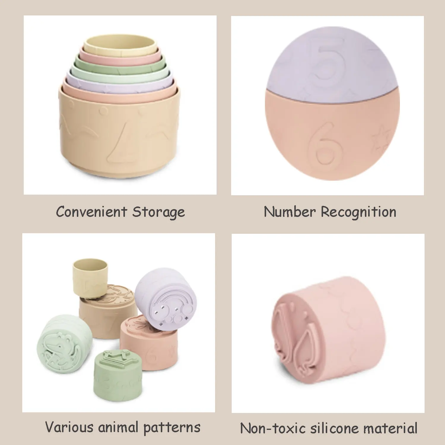 Educational Shower Toys Nesting Cups STEM Number Learning Pattern Silicone Teething Soft Building Blocks for Baby