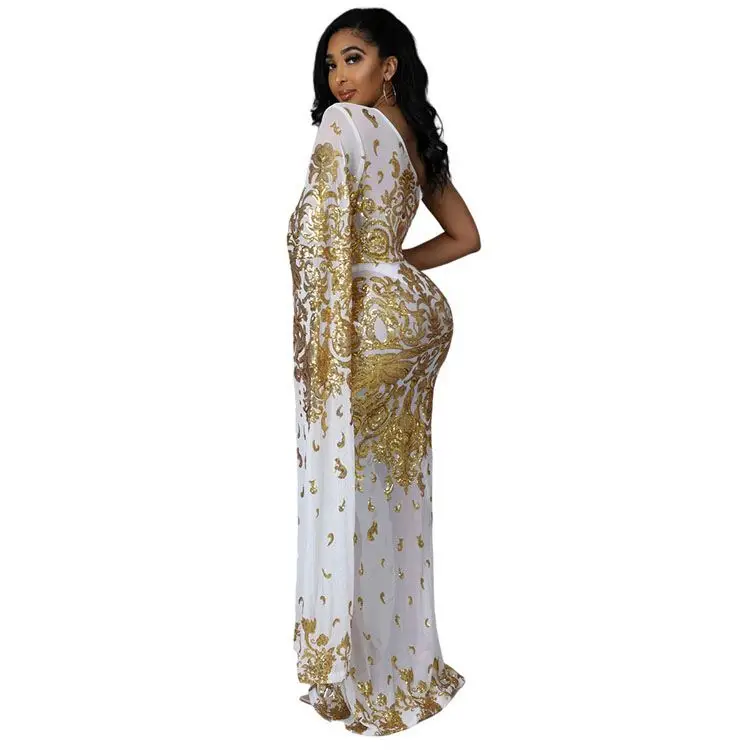 Mesh Sequin Maxi Bridal Gowns Wedding Dress Vestido De Gala Elegant Africa Femme Modest Evening Dresses One Shoulder Sleeveless