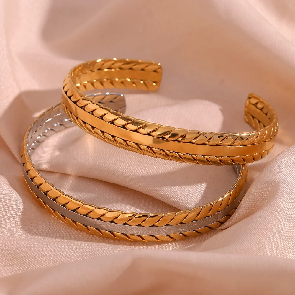 Unique Wholesale Custom Non Tarnish 18K Gold Plated Stainless Steel Bracelet Knit Texture Open Bangle Bracelet for Women