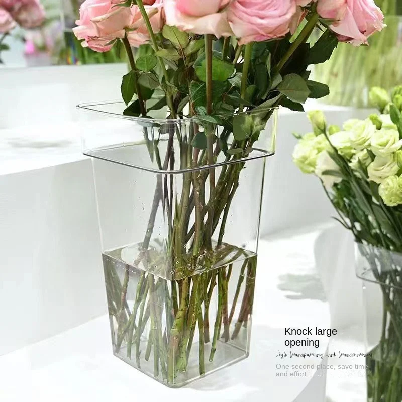 Changyi Transparent Waterproof Rose Bouquet Flower Bucket Holland Square Design Plastic Vase for Home Decoration for Wedding