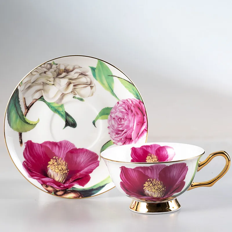 European flower pattern ceramic cup and saucer bone china coffee tea cup set for afternoon tea
