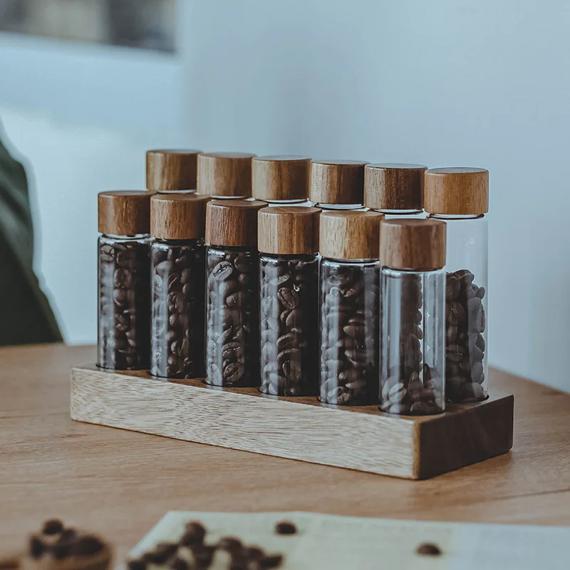 Стеклянные герметичные трубки для хранения кофейных зерен с деревянным держателем Набор банок